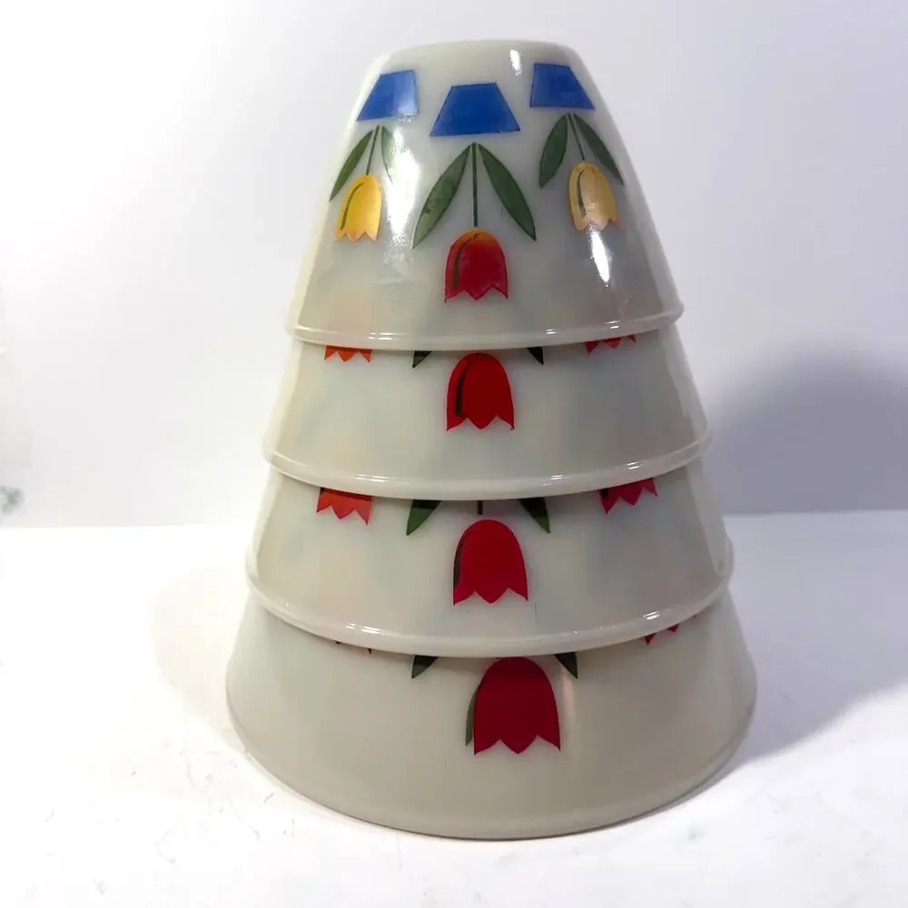 Rare Fire King Tulip Bowls Milk Glass Nesting Bowls Splash Proof Full Set of 4